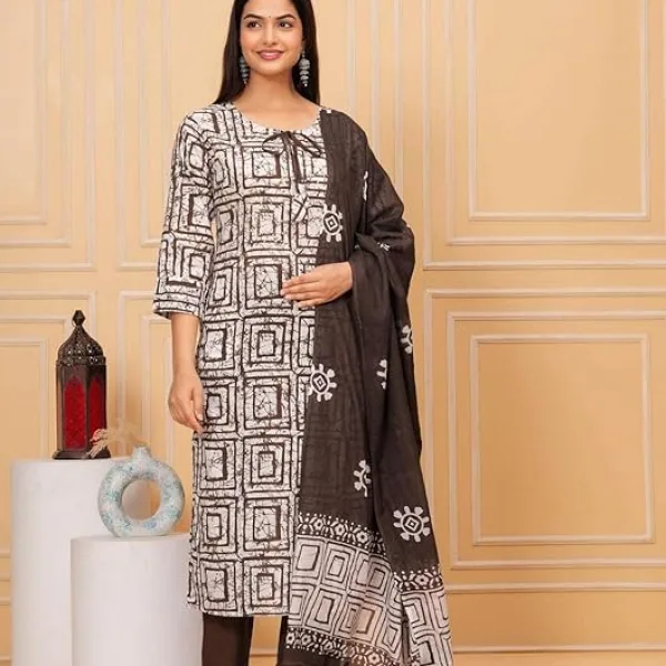 Women's Cotton Hand Block Printed Straight Kurti with Pant and Printed Dupatta