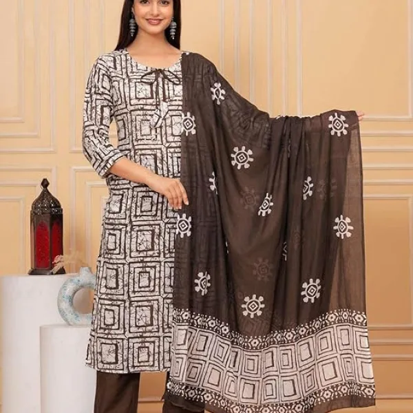 Women's Cotton Hand Block Printed Straight Kurti with Pant and Printed Dupatta
