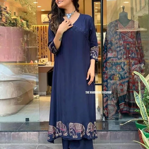 Women's Rayon Embroidered Straight Kurti with Pant Set