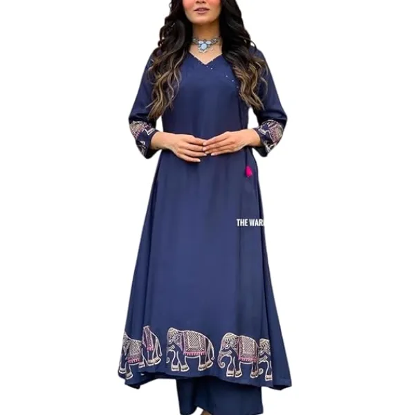 Women's Rayon Embroidered Straight Kurti with Pant Set