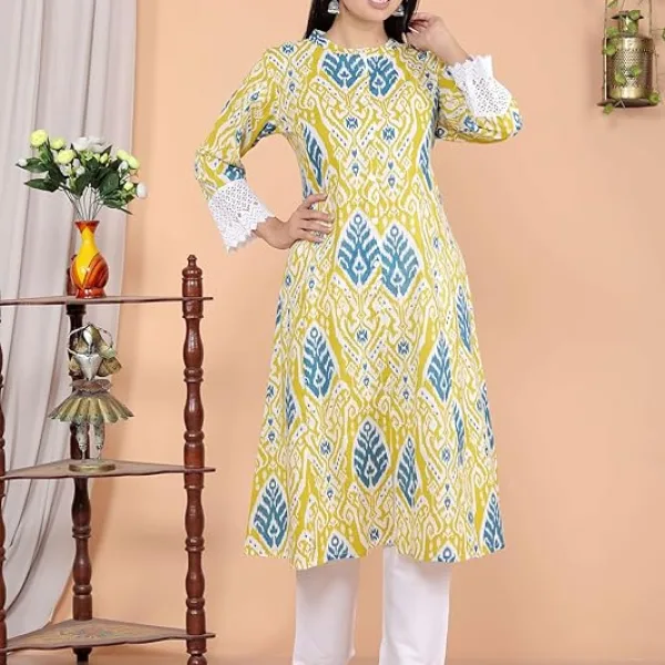 Women's Cotton Printed Mandarin Collar A-Line Kurti with Pant