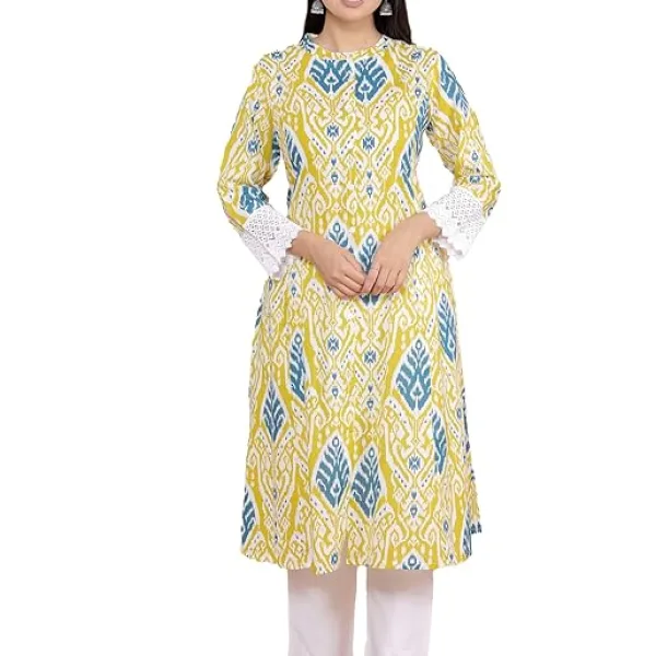 Women's Cotton Printed Mandarin Collar A-Line Kurti with Pant