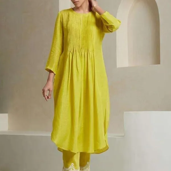 Women's Cotton Printed Line Flared Straight Kurti with Palazzo and Dupatta