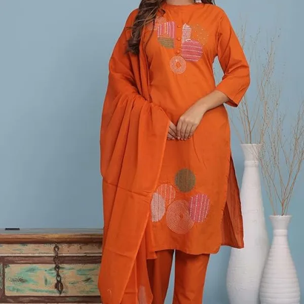 Women's Cotton Embroidery Straight Kurti with Matching Pant Orange