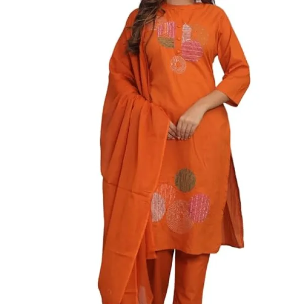 Women's Cotton Embroidery Straight Kurti with Matching Pant Orange