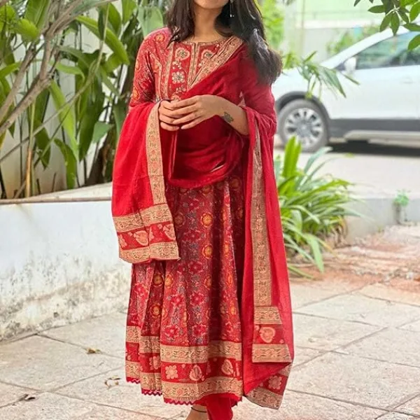 Women's Cotton Anarkali Embroidery Designer Long Anarkali Kurti with Pant and Dupatta Set
