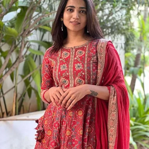 Women's Cotton Anarkali Embroidery Designer Long Anarkali Kurti with Pant and Dupatta Set