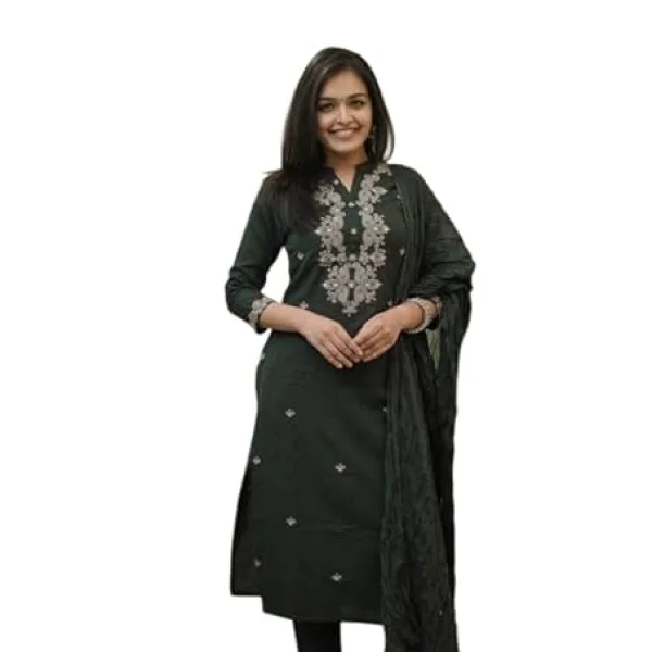 Women's Cotton Embroidery Straight Kurti Pant with Dupatta Set