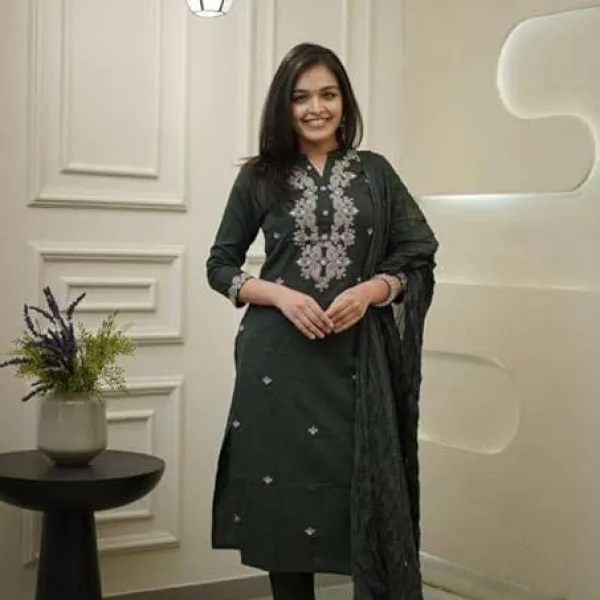 Women's Cotton Embroidery Straight Kurti Pant with Dupatta Set