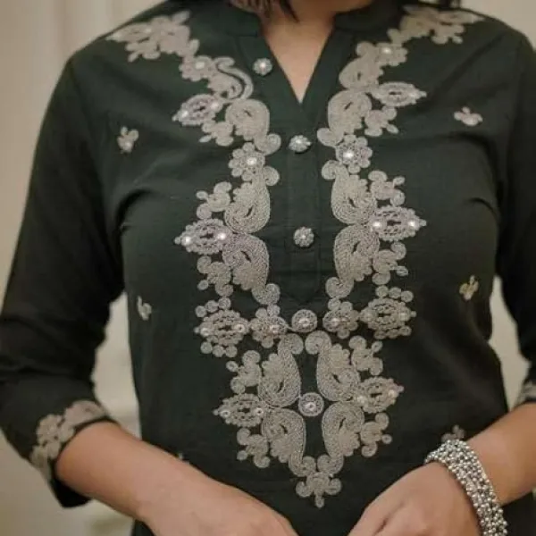 Women's Cotton Embroidery Straight Kurti Pant with Dupatta Set