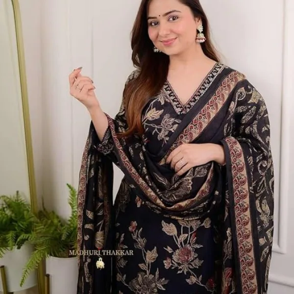 Women's Cotton Floral Printed Straight Kurti with Afghani Style Pant and Dupatta Set