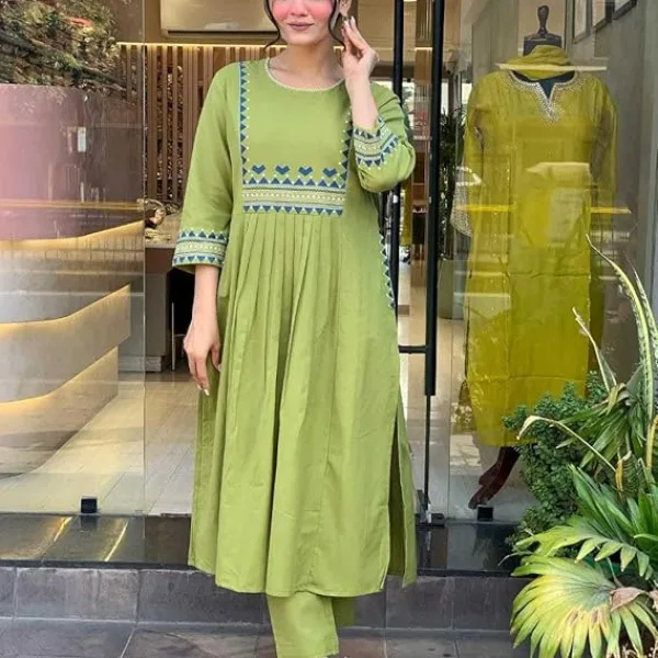 Women's Rayon Embroidered A-Line Kurti Pant Set Olive Green
