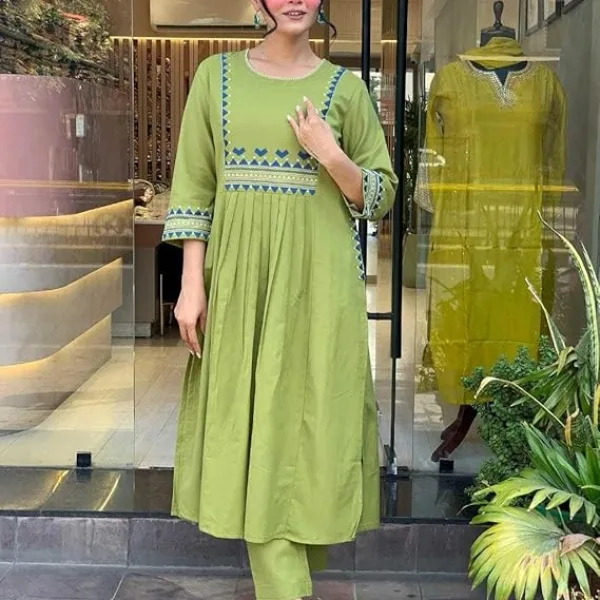 Women's Rayon Embroidered A-Line Kurti Pant Set Olive Green