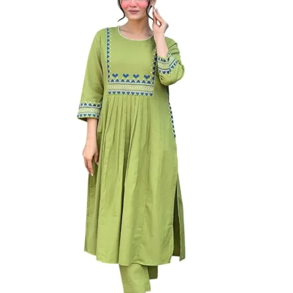 Women's Rayon Embroidered A-Line Kurti Pant Set Olive Green
