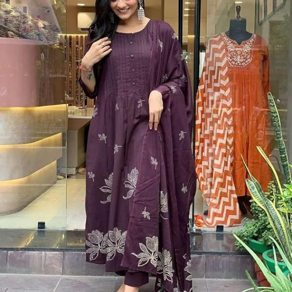 Women's Cotton Embroidery Floral Printed Long Straight Kurti with Pant and Dupatta Set