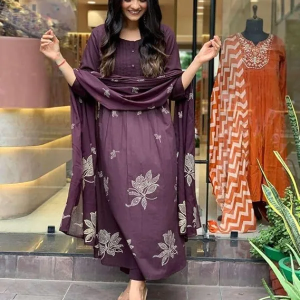 Women's Cotton Embroidery Floral Printed Long Straight Kurti with Pant and Dupatta Set