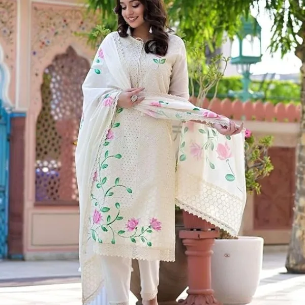 Women's Cotton Hand-Painted Chicken Shifli Straight Kurti with Pant and Mulmul Dupatta Set