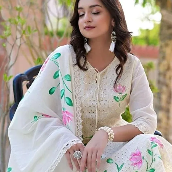 Women's Cotton Hand-Painted Chicken Shifli Straight Kurti with Pant and Mulmul Dupatta Set