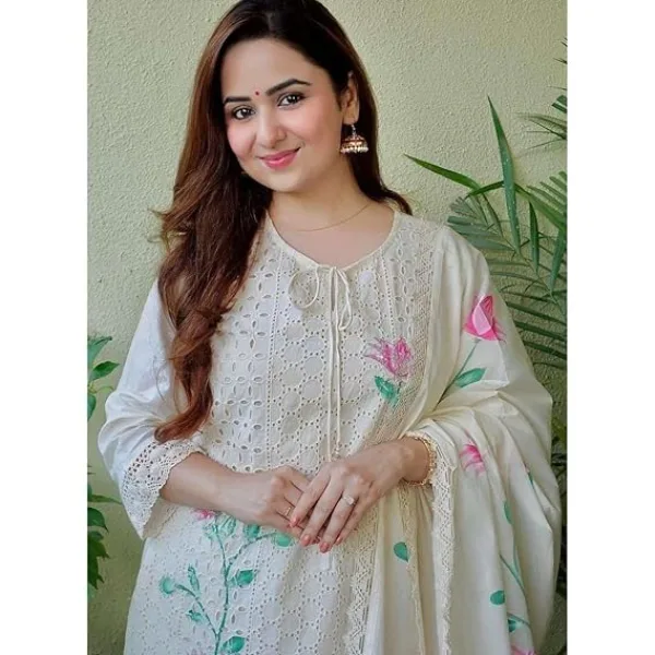 Women's Cotton Hand-Painted Chicken Shifli Straight Kurti with Pant and Mulmul Dupatta Set