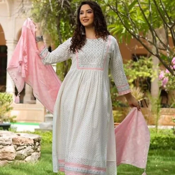 Women's Cotton Embroidered Nayra Cut Kurti with Pant and Dupatta Set