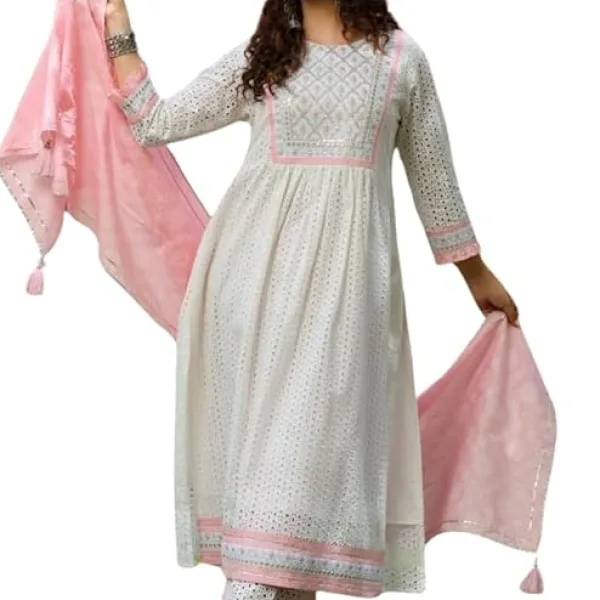 Women's Cotton Embroidered Nayra Cut Kurti with Pant and Dupatta Set