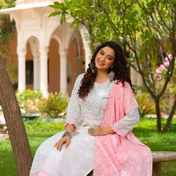 Women's Cotton Embroidered Nayra Cut Kurti with Pant and Dupatta Set