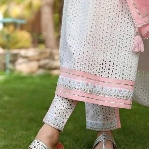 Women's Cotton Embroidered Nayra Cut Kurti with Pant and Dupatta Set