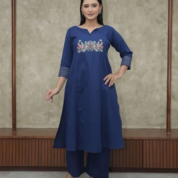 Cotton Embroidered Straight Kurti Pant Set for Women Blue