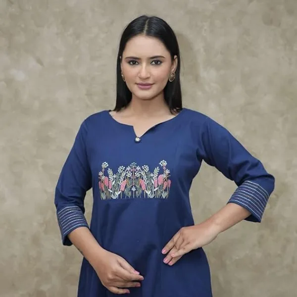 Cotton Embroidered Straight Kurti Pant Set for Women Blue