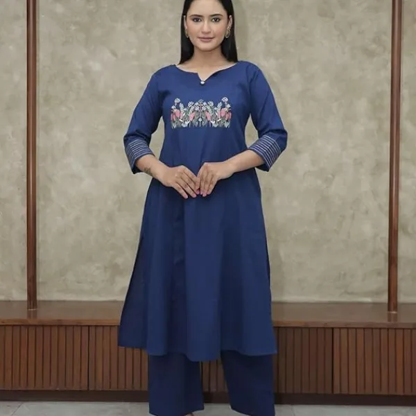 Cotton Embroidered Straight Kurti Pant Set for Women Blue