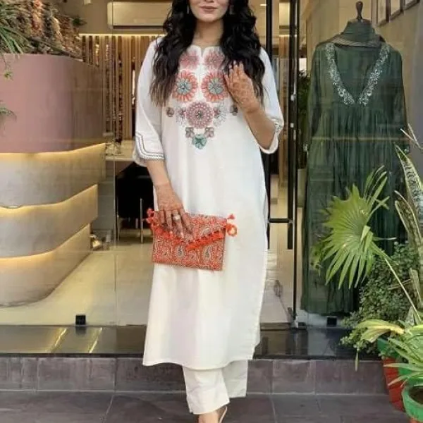 Women's Pure Cotton Embroidery Floral Printed Straight Coo-rd Set Kurti with Pant