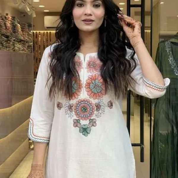 Women's Pure Cotton Embroidery Floral Printed Straight Coo-rd Set Kurti with Pant