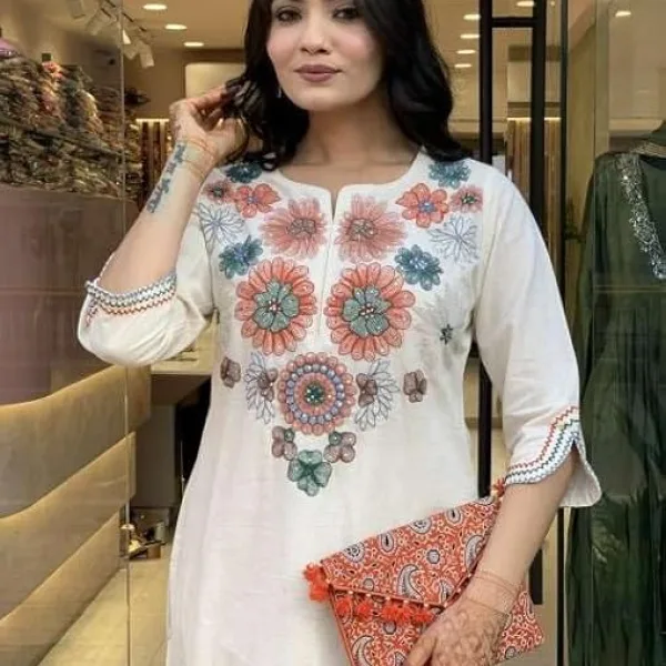 Women's Pure Cotton Embroidery Floral Printed Straight Coo-rd Set Kurti with Pant