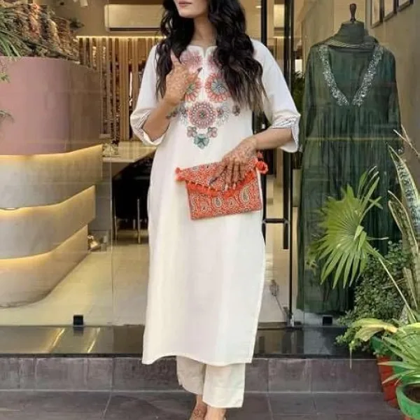 Women's Pure Cotton Embroidery Floral Printed Straight Coo-rd Set Kurti with Pant