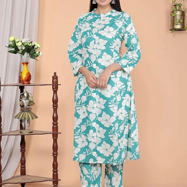 Women's Cotton Floral Printed Mandarin Collar A-Line Kurti with Pant