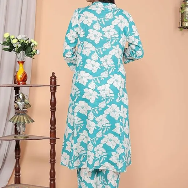 Women's Cotton Floral Printed Mandarin Collar A-Line Kurti with Pant