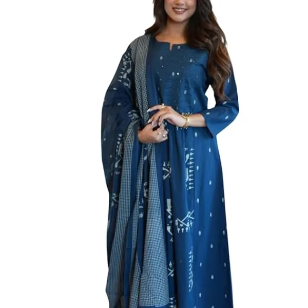 Women's Cotton Embroidered Anarkali Kurti with Pant Set