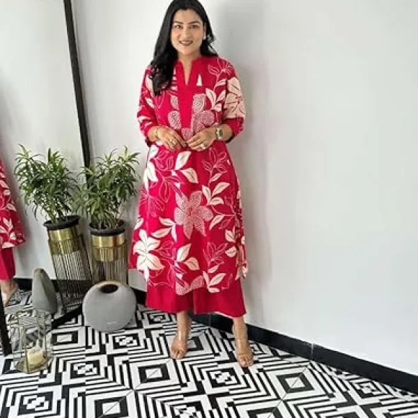 Women's Cotton Floral Printed Straight Kurti with Pant Set