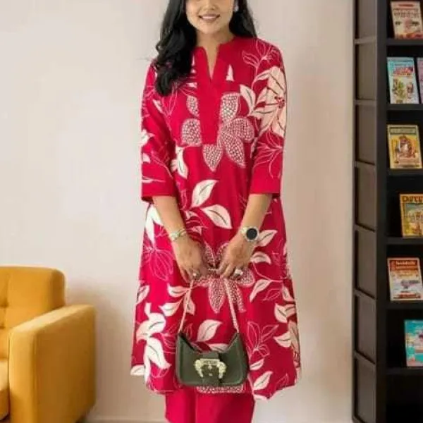 Women's Cotton Floral Printed Straight Kurti with Pant Set