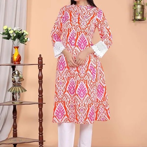 Women's Cotton Printed Mandarin Collar A-Line Kurti with Pant