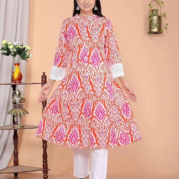 Women's Cotton Printed Mandarin Collar A-Line Kurti with Pant