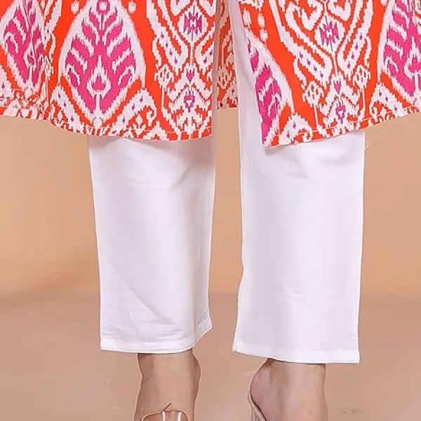 Women's Cotton Printed Mandarin Collar A-Line Kurti with Pant