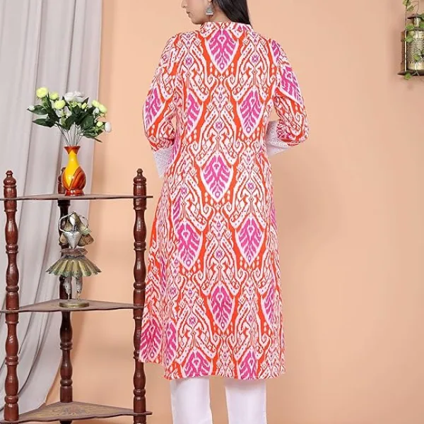 Women's Cotton Printed Mandarin Collar A-Line Kurti with Pant