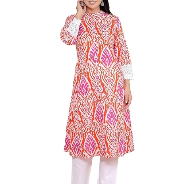 Women's Cotton Printed Mandarin Collar A-Line Kurti with Pant