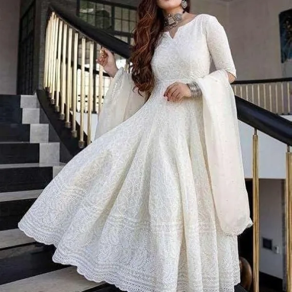 Women's Cotton Chikankari Long Anarkali Kurti with Dupatta