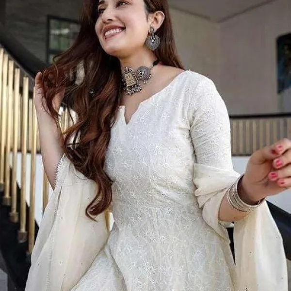 Women's Cotton Chikankari Long Anarkali Kurti with Dupatta