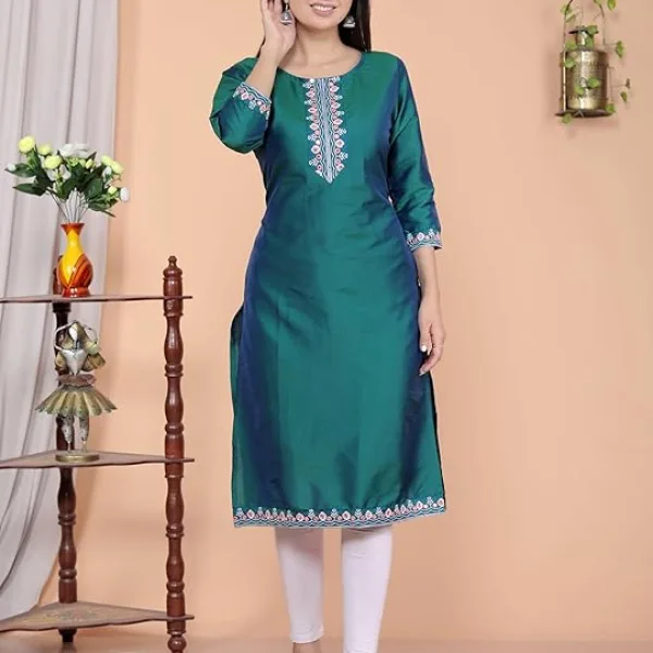 Women's Satin Embroidered Printed Straight Kurti
