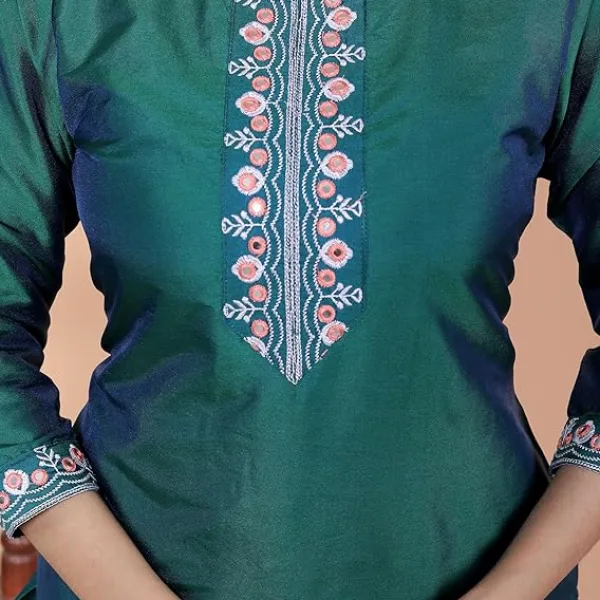 Women's Satin Embroidered Printed Straight Kurti