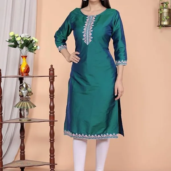 Women's Satin Embroidered Printed Straight Kurti