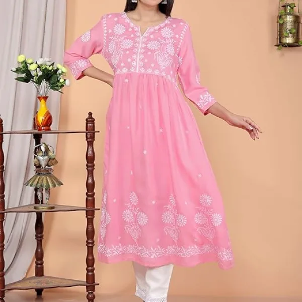 Women's Rayon Embroidered vcut Collar Anarkali Kurti with Pant